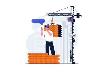 Aufkleber - Construction engineer web concept with character scene. Man worker loading bricks with crane at building site. People situation in flat design. Illustration for social media marketing material.