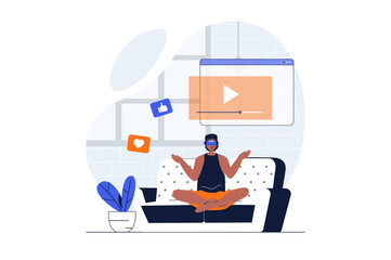 Leinwandbilder - Cyberspace web concept with character scene. Man in VR glasses watching video on screen in virtual reality. People situation in flat design. Illustration for social media marketing material.
