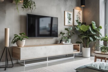 Wall Mural - a TV mounted on a cabinet in a contemporary living room with a lamp, a table, a flower, and a plant in the backdrop,. Generative AI