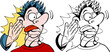 Cartoon image of a man being slapped silly - both color and black / white versions.
