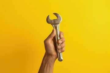 Canvas Print - Hand holding wrench on yellow background, spanner, Generative AI
