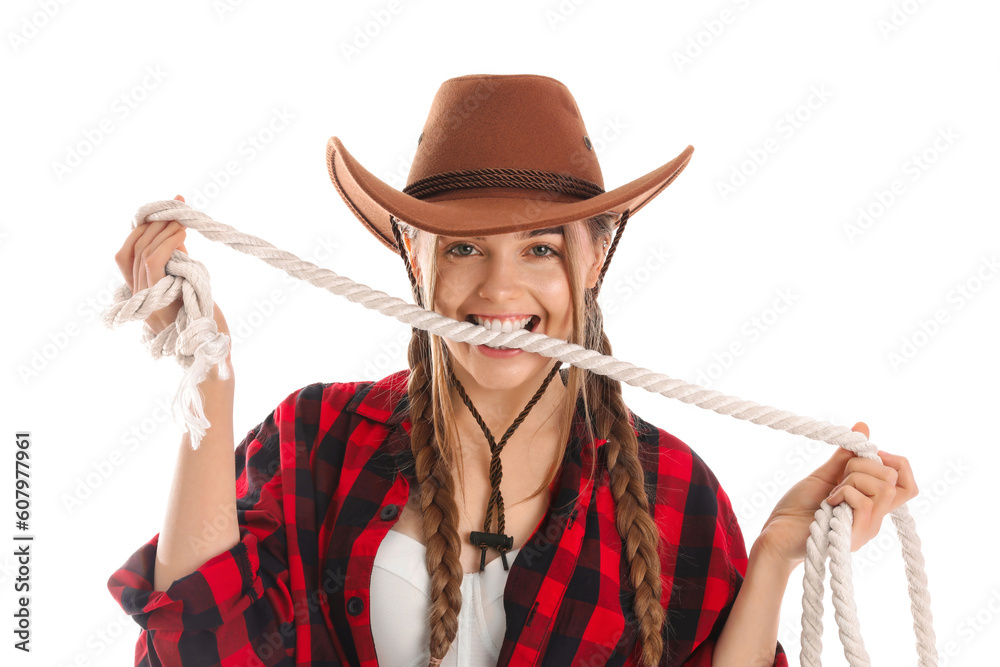 Young cowgirl with lasso on white background, closeup