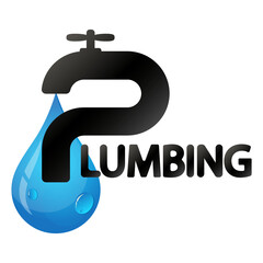 Wall Mural - Blue water drop and plumbing text. Symbol for plumbing repair and service