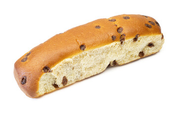 Single milk roll with chocolate chips isolated on white background. Brioche bun sweet dessert