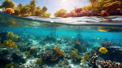 a coral reef with fish and trees. Generative AI Art.