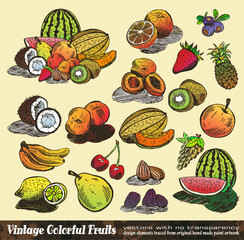 Wall Mural - Vintage Colorful Fruits Collection - Set of Various Design Elements created from original hand draw