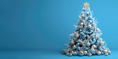 Wall Mural - Beautiful festive Christmas background. Christmas tree decorated with balls on a blue background, banner format, copy space. AI generated