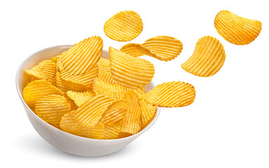 Canvas Print - Ridged potato chips in bowl isolated on white background
