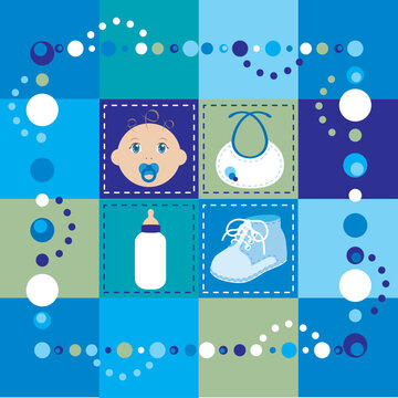 Vector Illustration of baby boy quilt. Patchwork or sewing, background.