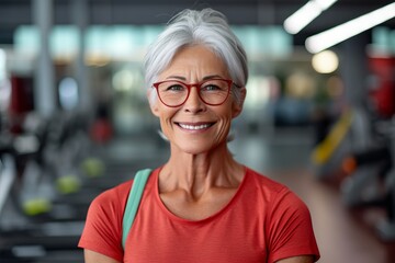 Wall Mural - portrait of senior woman with eyeglasses at fitness center gym