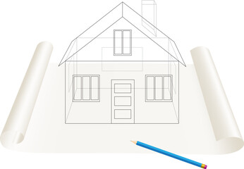 Poster - Abstract transparent house sketch drawing with pen on a paper roll