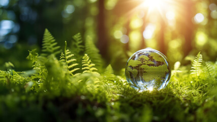 Wall Mural - Crystal earth on green grass forest with sunlight. Save the World, earth day, ecology concept.