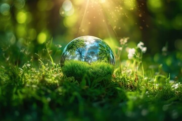 Wall Mural - Crystal earth on green grass forest with sunlight. Save the World, earth day, ecology concept.