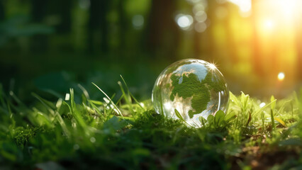 Wall Mural - Crystal earth on green grass forest with sunlight. Save the World, earth day, ecology concept.