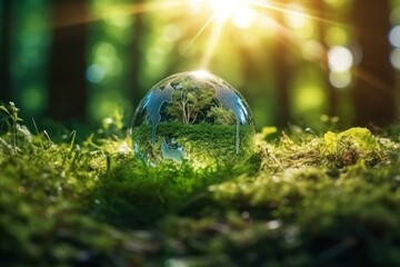 Wall Mural - Crystal earth on green grass forest with sunlight. Save the World, earth day, ecology concept.