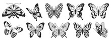 Butterfly Second Set Of Black And White Wings In The Style Of Wavy Lines And Organic Shapes. Y2k Aesthetic, Tattoo Silhouette, Hand Drawn Stickers. Vector Graphic In Trendy Retro 2000s Style.