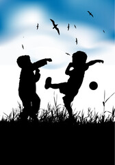 Poster - Little boys playing with ball on summer field