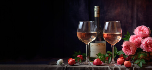 Still life with wine and flowers on luxury dining table with copy space background.