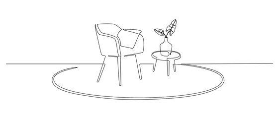 Poster - One continuous Line drawing of armchair and table with plant on carpet. Modern furniture for living and office room interior in simple linear style. Editable stroke. Doodle vector illustration