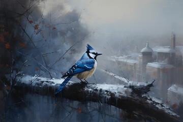 Wall Mural - A blue jay bird perched on a branch Generative Ai