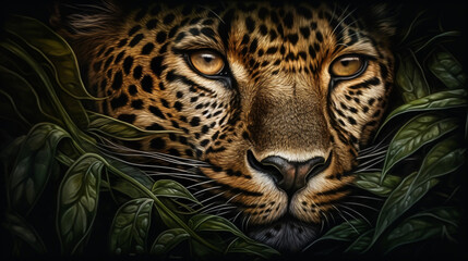 Wall Mural - a close up of a leopard's face surrounded by leaves generative ai