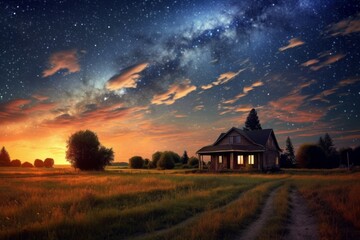 Wall Mural - House outside the city in the field and the night august sky with stars. AI generated, human enhanced.