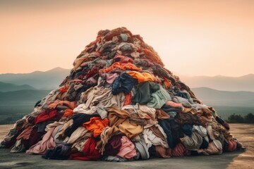 Wall Mural - Pile of textile and clothing waste. The concept of climate change as consequence of excessive consumption. AI generated