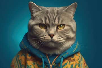  Anthropomorphic fat cat dressed in human clothing in casual style. Humanized animal concept. AI generated