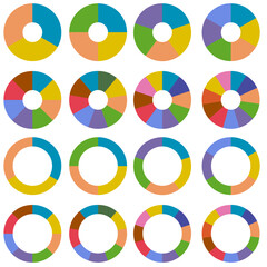 Wall Mural - Set of wheel business chart icons in a variety of segments isolated on white.