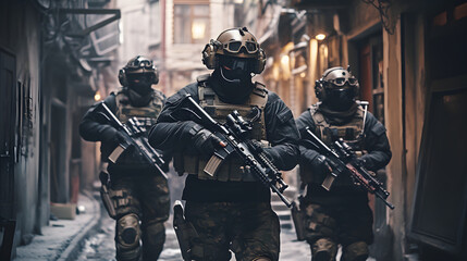 Wall Mural - Coordinated urban law enforcement: troops collaborate with local authorities to maintain law and order in cities.