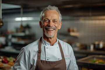 Canvas Print - cheerful senior chef smiling at camera while standing in restaurant kitchen