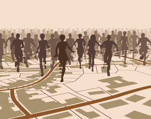 Poster - Editable vector illustration of a crowd of people running over a generic street map