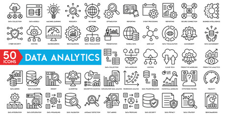 Data analytics icon set. Big data analysis technology symbol. Containing database, statistics, analytics, server, monitoring, computing and network icons