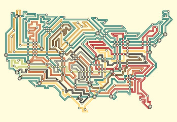 Poster - Editable vector illustrated map of the USA in underground map style