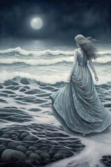 Woman in white dress walking into the ocean at night, full moon, monochromatic. Generative AI