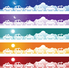 Wall Mural - Set of images with multiple taxi cabs with day/night background.