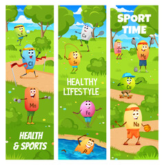 Wall Mural - Sports and health, cartoon vitamin and mineral sportsman characters on fitness, vector banners. Funny potassium swimming and chlorine on jogging run with sodium playing basketball with micronutrients