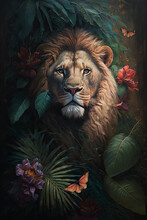Illustration Of An Oil Painting Portrait Of A Male Lion Among Roses And Palm Leaves - Generative AI