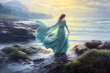 © Sunshower Shots - Woman in wind blown green dress at seashore, early morning, Celtic. Generative AI