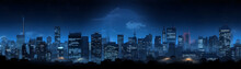 A Cityscape With Buildings And Blue Night Sky Generated By AI