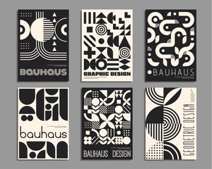 Poster - Monochrome bauhaus posters with geometric abstract patterns. Modern minimal background of black and white geometry shapes. Circles, triangles and squares, wavy and cross lines creative patterns set