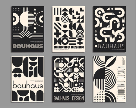 Monochrome bauhaus posters with geometric abstract patterns. Modern minimal background of black and white geometry shapes. Circles, triangles and squares, wavy and cross lines creative patterns set
