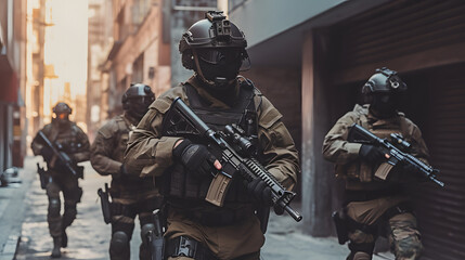 Wall Mural - Rapid urban threat neutralization: soldiers swiftly neutralize threats to urban safety and security.