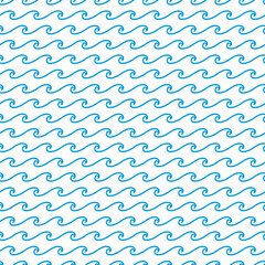 Poster - Sea and ocean blue waves seamless pattern. Vector creative design in nautical simple style for for textile, wrapping paper or fabric decoration. Horizontal river flow lines, repeated wavy ornament