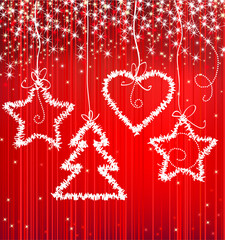 Poster - Christmas red vector sparkle background with tree, star, heart