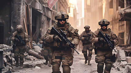 Canvas Print - Rapid urban crisis management: armed forces respond swiftly to urban emergencies for public safety.