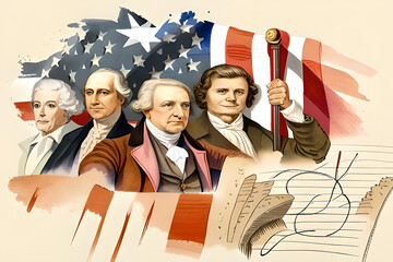 Wall Mural - 4th july independence day American figures who signed the declaration of independence and eagles on the background of flag.