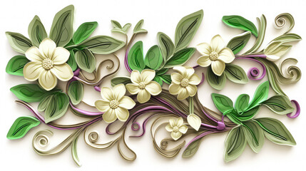 Wall Mural - Painted wood carving style, abstract floral design with swirling branches, leaves, and white flowers, on a white background. Illustration created with Generative AI technology.