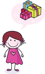 Sticker - Stick figure girl with new gifts. Vector Illustration.