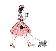 A Girl In A Skirt, Beret And Coffee Walks With A French Bulldog. Modern Fashion Sketch Illustration In Line And Watercolor, Vector Isolated On White.